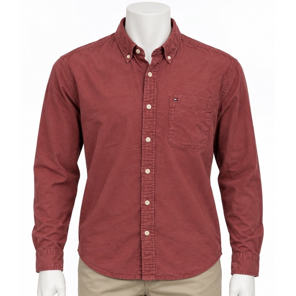 TOMMY HILFIGER Men's Button Up Long Sleeve Shirt Burnt Red Large L Preppy